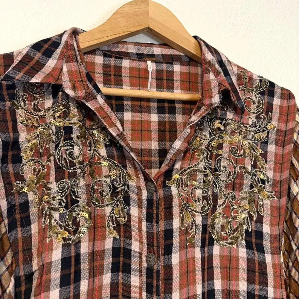 Free People‎ Copper Plaid Long Sleeve Blouse Size Medium NWT